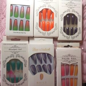 6 pck Long Coffin 24pcs Plastic Nails Set various color combo